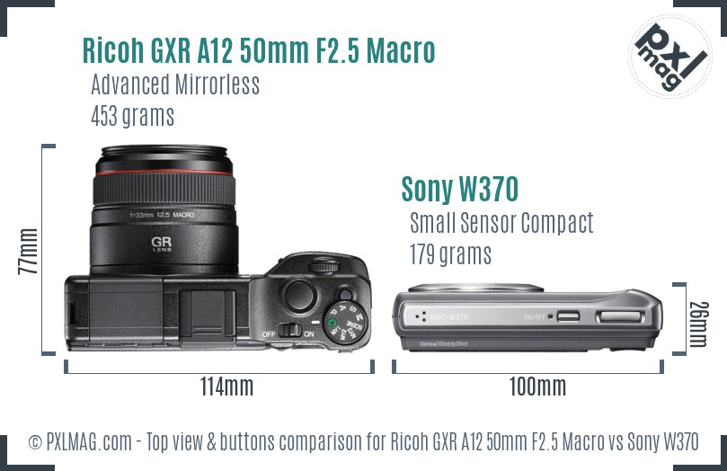 Ricoh GXR A12 50mm F2.5 Macro vs Sony W370 top view buttons comparison