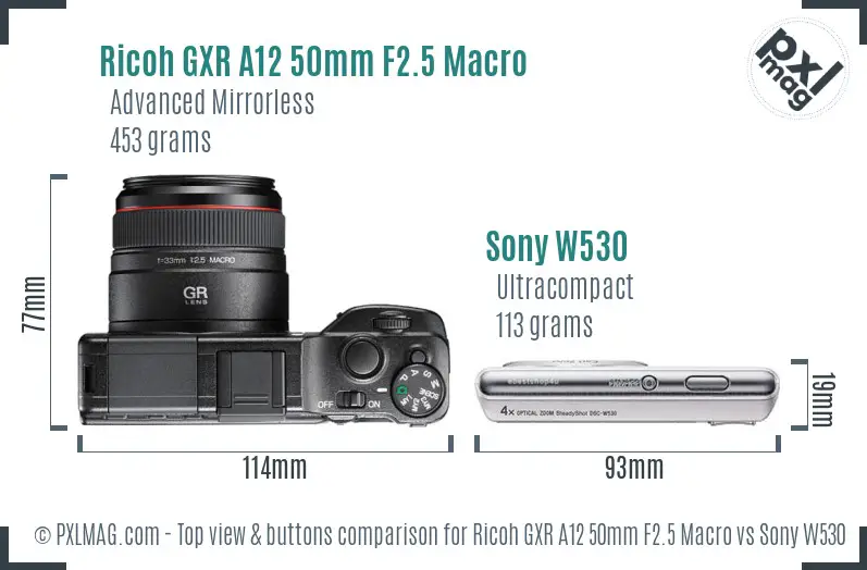 Ricoh GXR A12 50mm F2.5 Macro vs Sony W530 top view buttons comparison