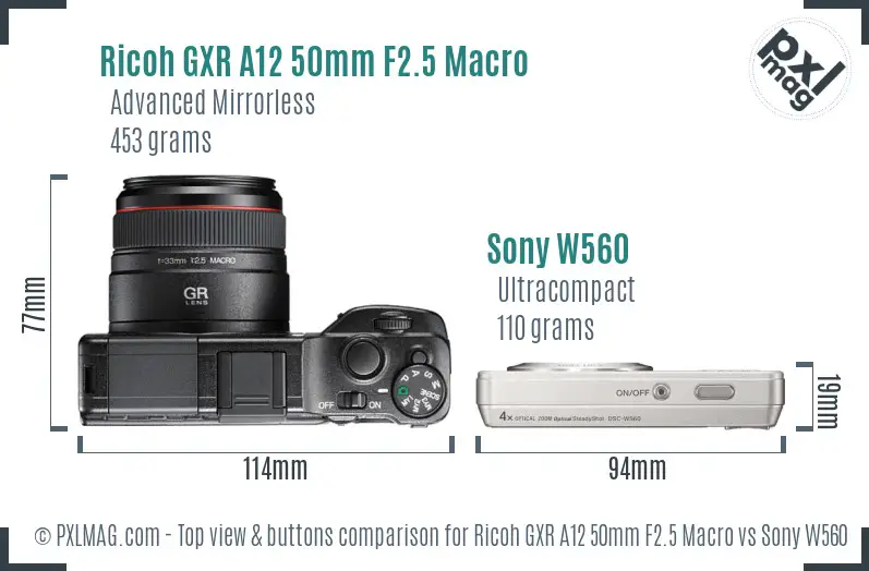 Ricoh GXR A12 50mm F2.5 Macro vs Sony W560 top view buttons comparison