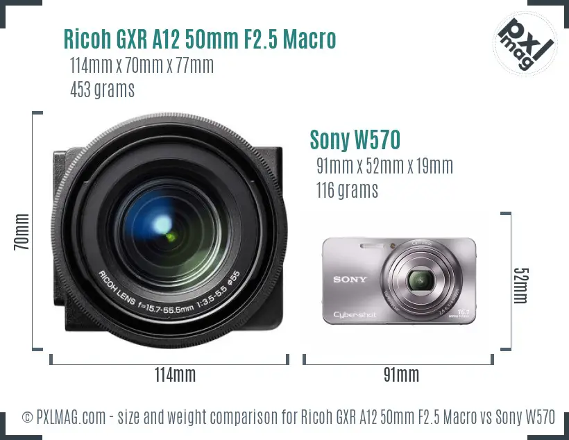 Ricoh GXR A12 50mm F2.5 Macro vs Sony W570 size comparison