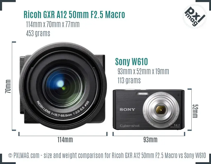 Ricoh GXR A12 50mm F2.5 Macro vs Sony W610 size comparison Ricoh GXR A12 50mm F2.5 Macro vs Sony W610 size comparison