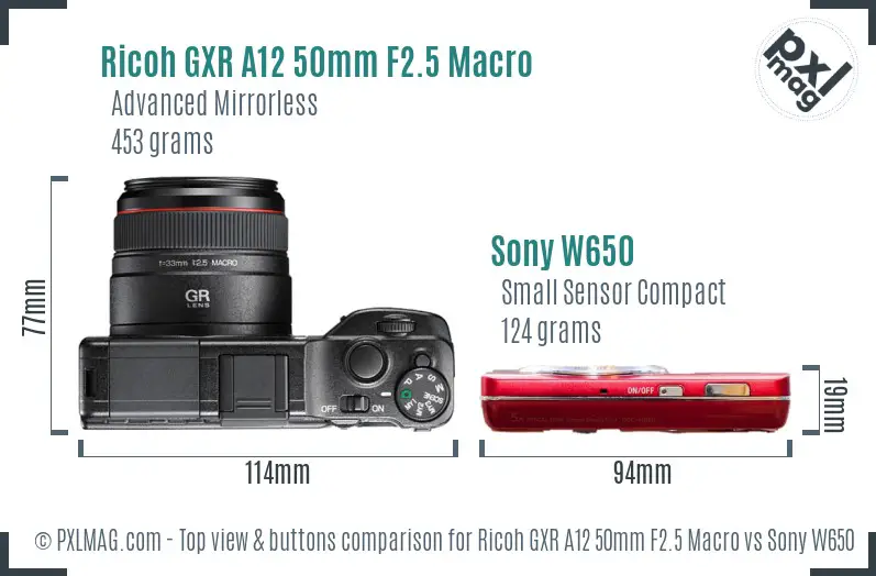 Ricoh GXR A12 50mm F2.5 Macro vs Sony W650 top view buttons comparison