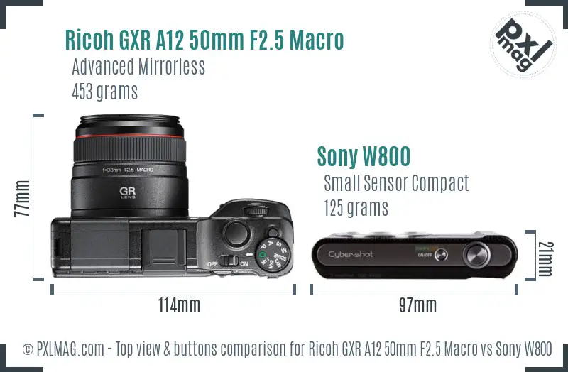 Ricoh GXR A12 50mm F2.5 Macro vs Sony W800 top view buttons comparison