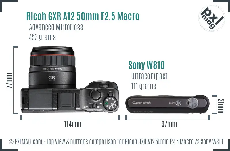 Ricoh GXR A12 50mm F2.5 Macro vs Sony W810 top view buttons comparison