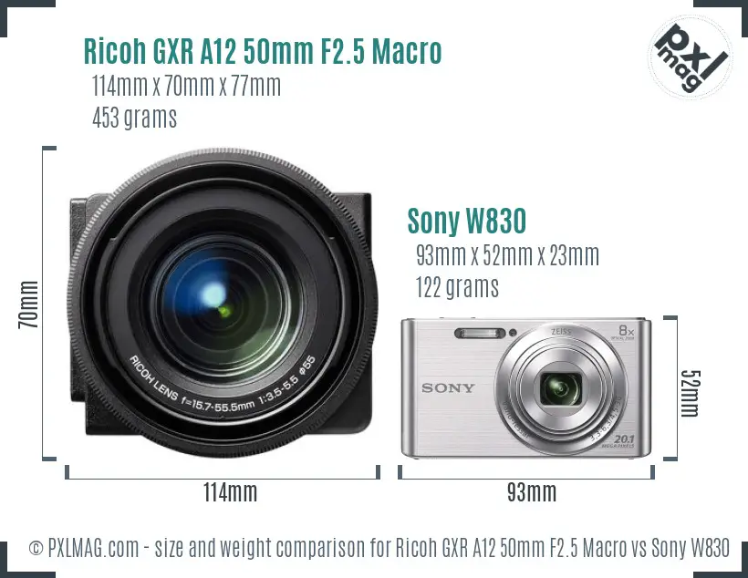 Ricoh GXR A12 50mm F2.5 Macro vs Sony W830 size comparison