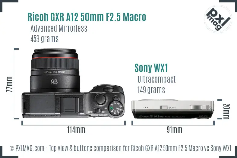 Ricoh GXR A12 50mm F2.5 Macro vs Sony WX1 top view buttons comparison