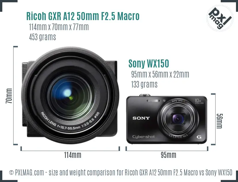 Ricoh GXR A12 50mm F2.5 Macro vs Sony WX150 size comparison