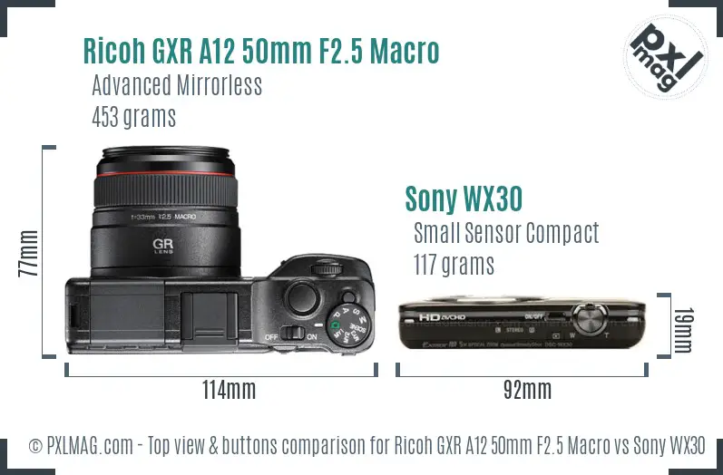 Ricoh GXR A12 50mm F2.5 Macro vs Sony WX30 top view buttons comparison