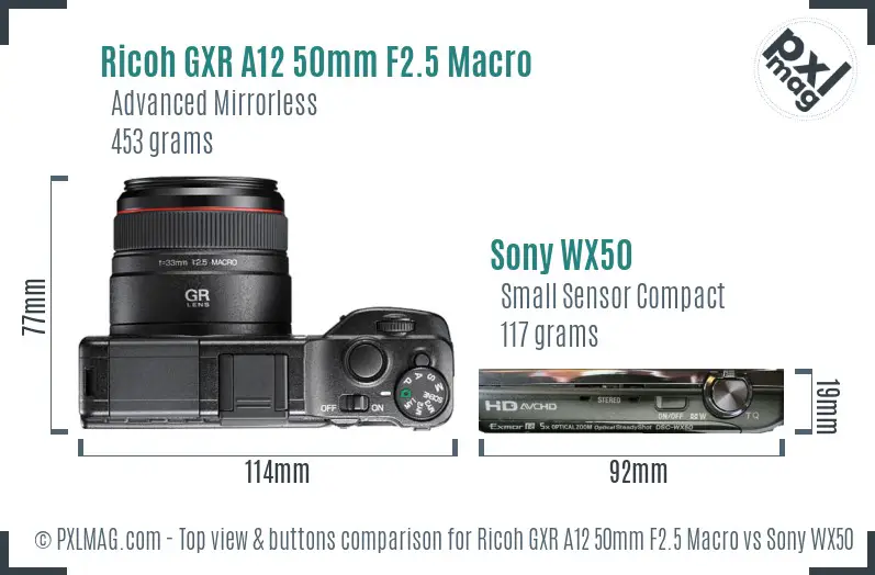 Ricoh GXR A12 50mm F2.5 Macro vs Sony WX50 top view buttons comparison