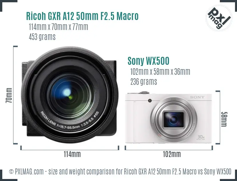 Ricoh GXR A12 50mm F2.5 Macro vs Sony WX500 size comparison