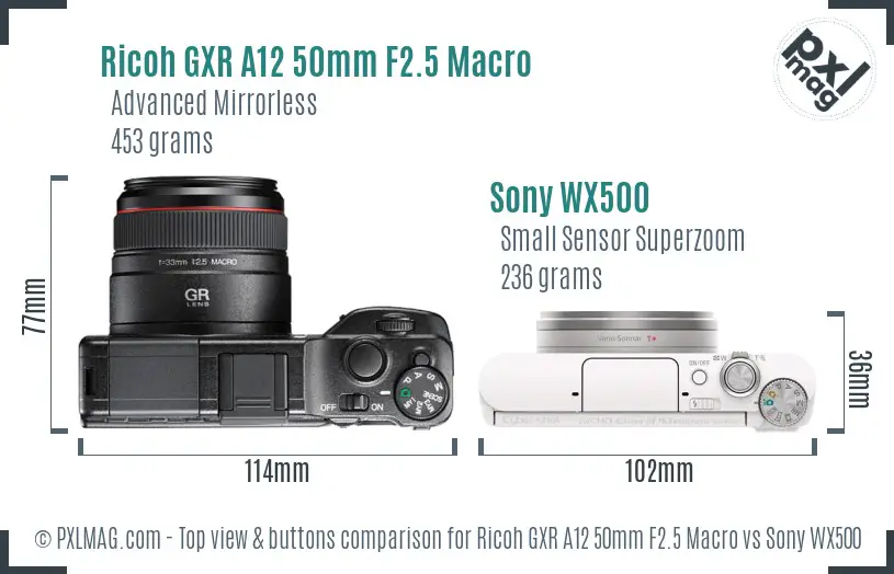 Ricoh GXR A12 50mm F2.5 Macro vs Sony WX500 top view buttons comparison