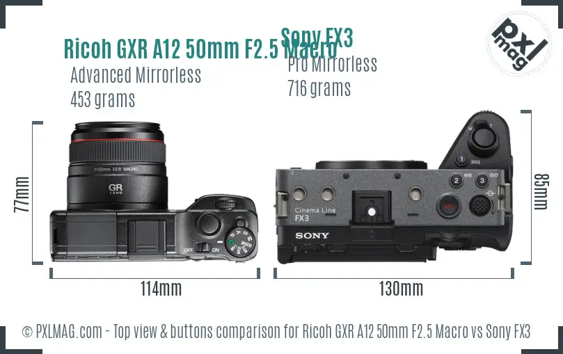 Ricoh GXR A12 50mm F2.5 Macro vs Sony FX3 top view buttons comparison