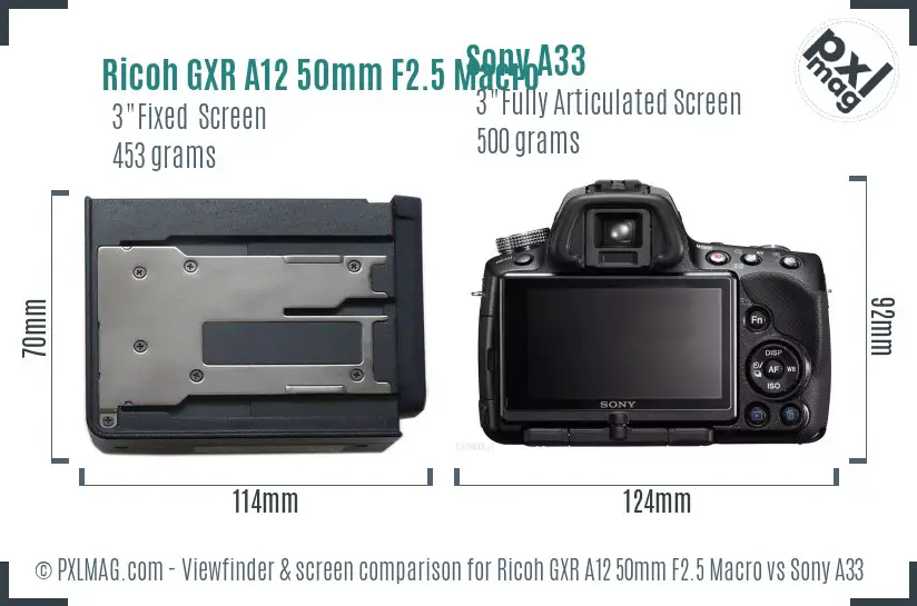 Ricoh GXR A12 50mm F2.5 Macro vs Sony A33 Screen and Viewfinder comparison