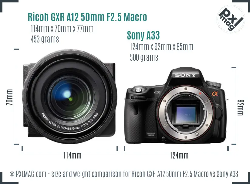 Ricoh GXR A12 50mm F2.5 Macro vs Sony A33 size comparison