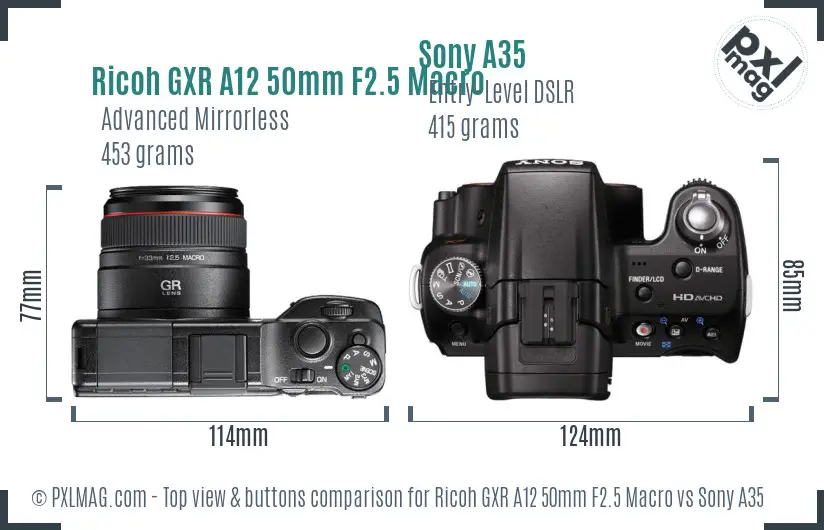 Ricoh GXR A12 50mm F2.5 Macro vs Sony A35 top view buttons comparison