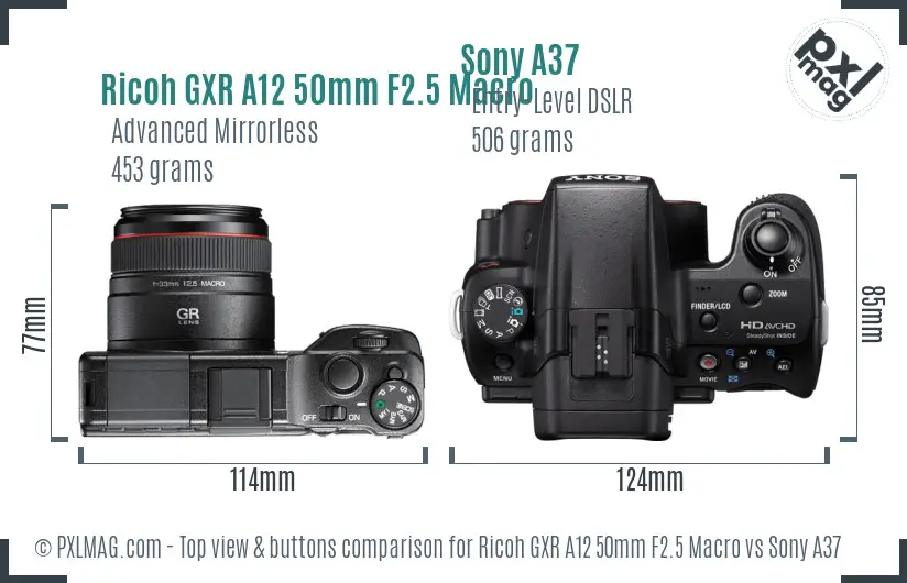 Ricoh GXR A12 50mm F2.5 Macro vs Sony A37 top view buttons comparison