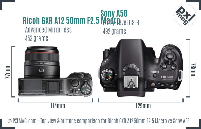Ricoh GXR A12 50mm F2.5 Macro vs Sony A58 top view buttons comparison