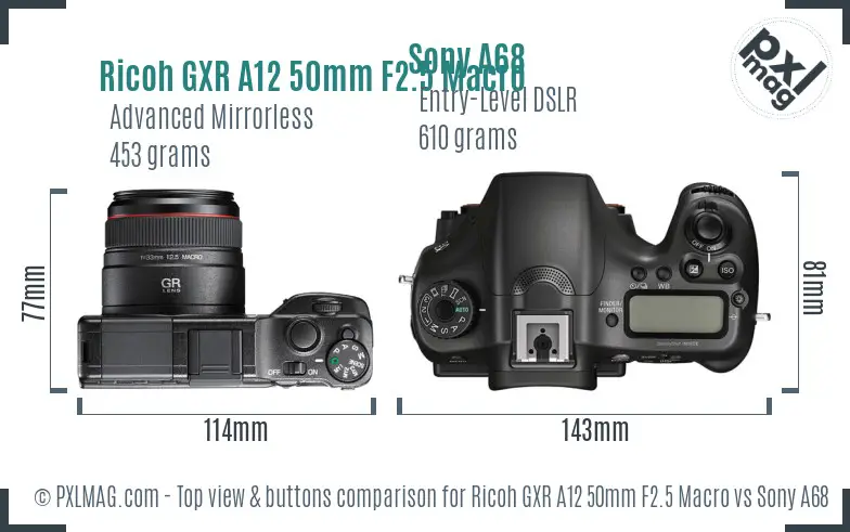 Ricoh GXR A12 50mm F2.5 Macro vs Sony A68 top view buttons comparison