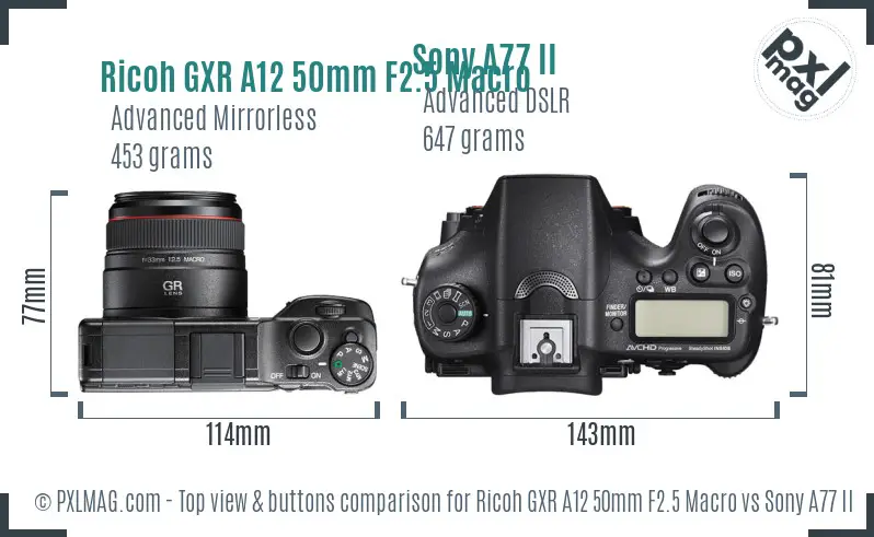 Ricoh GXR A12 50mm F2.5 Macro vs Sony A77 II top view buttons comparison