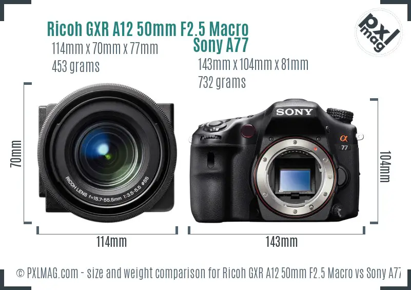 Ricoh GXR A12 50mm F2.5 Macro vs Sony A77 size comparison