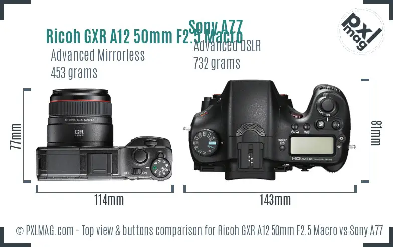 Ricoh GXR A12 50mm F2.5 Macro vs Sony A77 top view buttons comparison