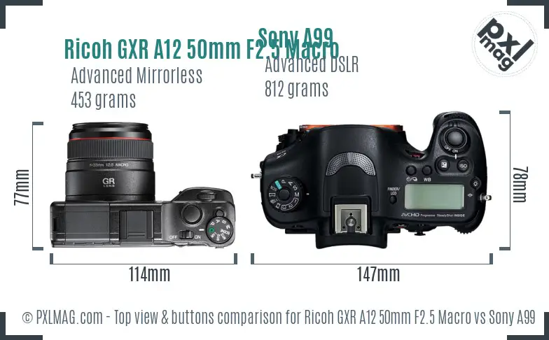 Ricoh GXR A12 50mm F2.5 Macro vs Sony A99 top view buttons comparison