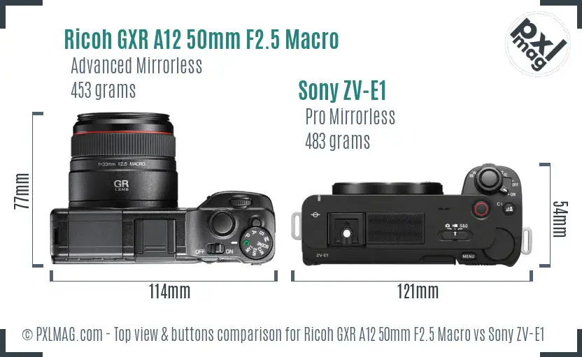 Ricoh GXR A12 50mm F2.5 Macro vs Sony ZV-E1 top view buttons comparison Ricoh GXR A12 50mm F2.5 Macro vs Sony ZV-E1 top view buttons comparison