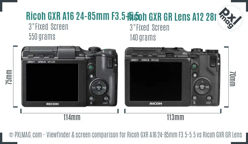 Ricoh GXR A16 24-85mm F3.5-5.5 vs Ricoh GXR GR Lens A12 28mm F2.5 Screen and Viewfinder comparison