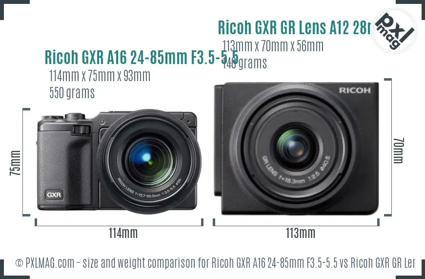 Ricoh GXR A16 24-85mm F3.5-5.5 vs Ricoh GXR GR Lens A12 28mm F2.5 size comparison