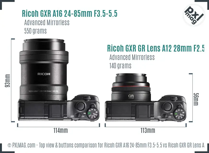 Ricoh GXR A16 24-85mm F3.5-5.5 vs Ricoh GXR GR Lens A12 28mm F2.5 top view buttons comparison