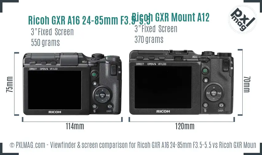 Ricoh GXR A16 24-85mm F3.5-5.5 vs Ricoh GXR Mount A12 Screen and Viewfinder comparison