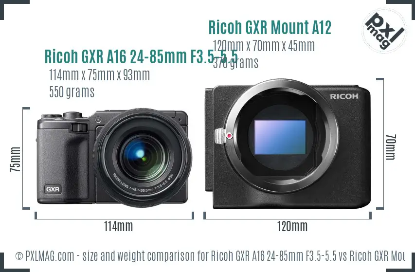 Ricoh GXR A16 24-85mm F3.5-5.5 vs Ricoh GXR Mount A12 size comparison