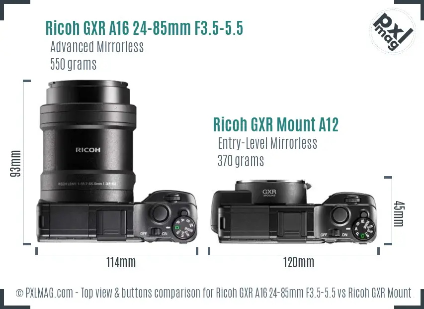 Ricoh GXR A16 24-85mm F3.5-5.5 vs Ricoh GXR Mount A12 top view buttons comparison