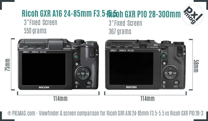 Ricoh GXR A16 24-85mm F3.5-5.5 vs Ricoh GXR P10 28-300mm F3.5-5.6 VC Screen and Viewfinder comparison