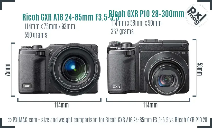 Ricoh GXR A16 24-85mm F3.5-5.5 vs Ricoh GXR P10 28-300mm F3.5-5.6 VC size comparison