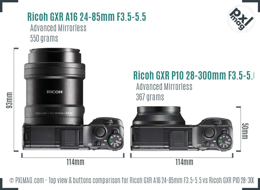 Ricoh GXR A16 24-85mm F3.5-5.5 vs Ricoh GXR P10 28-300mm F3.5-5.6 VC top view buttons comparison