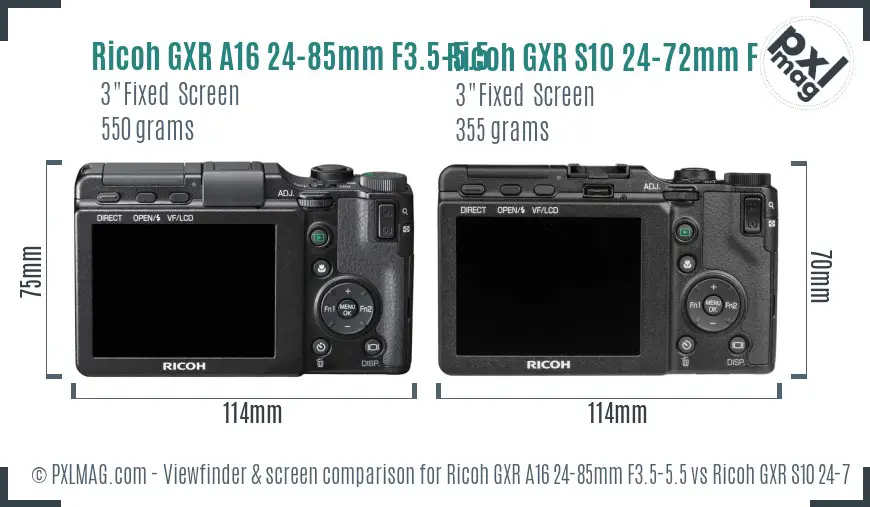 Ricoh GXR A16 24-85mm F3.5-5.5 vs Ricoh GXR S10 24-72mm F2.5-4.4 VC Screen and Viewfinder comparison