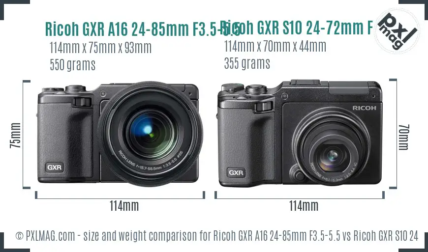 Ricoh GXR A16 24-85mm F3.5-5.5 vs Ricoh GXR S10 24-72mm F2.5-4.4 VC size comparison
