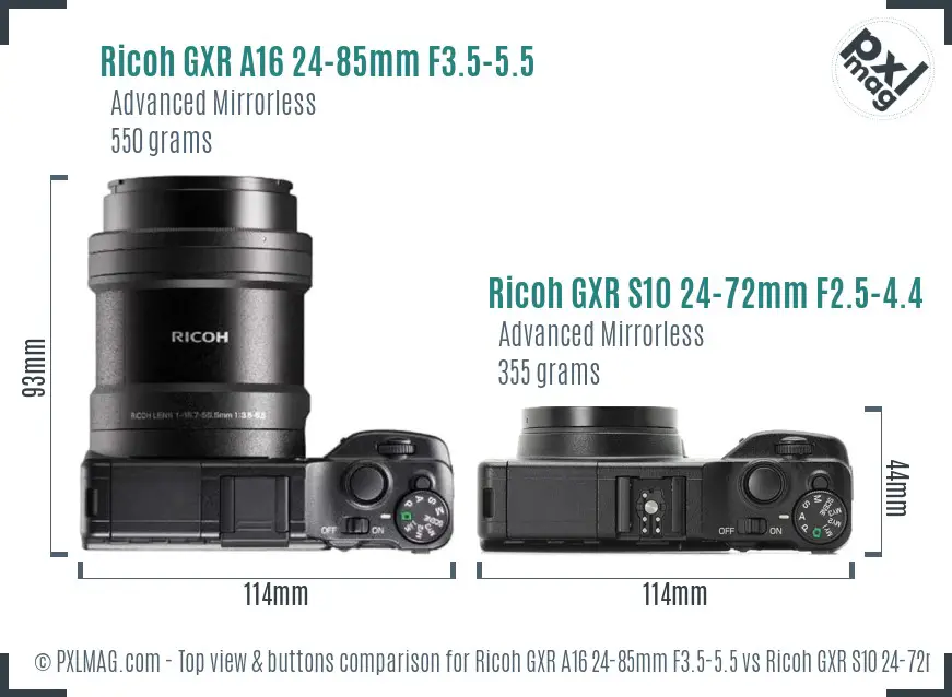 Ricoh GXR A16 24-85mm F3.5-5.5 vs Ricoh GXR S10 24-72mm F2.5-4.4 VC top view buttons comparison