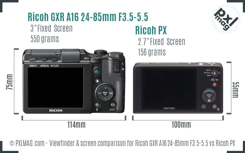 Ricoh GXR A16 24-85mm F3.5-5.5 vs Ricoh PX Screen and Viewfinder comparison