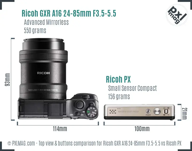 Ricoh GXR A16 24-85mm F3.5-5.5 vs Ricoh PX top view buttons comparison