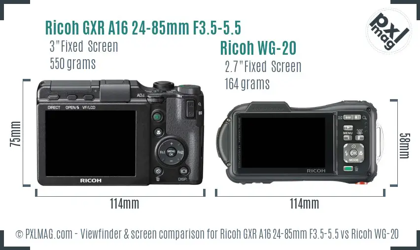 Ricoh GXR A16 24-85mm F3.5-5.5 vs Ricoh WG-20 Screen and Viewfinder comparison