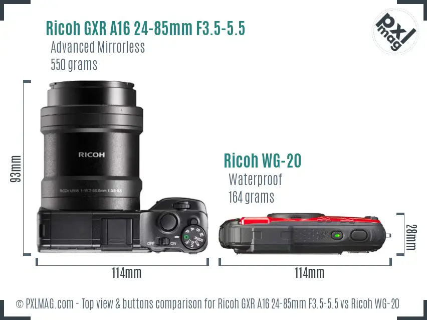 Ricoh GXR A16 24-85mm F3.5-5.5 vs Ricoh WG-20 top view buttons comparison