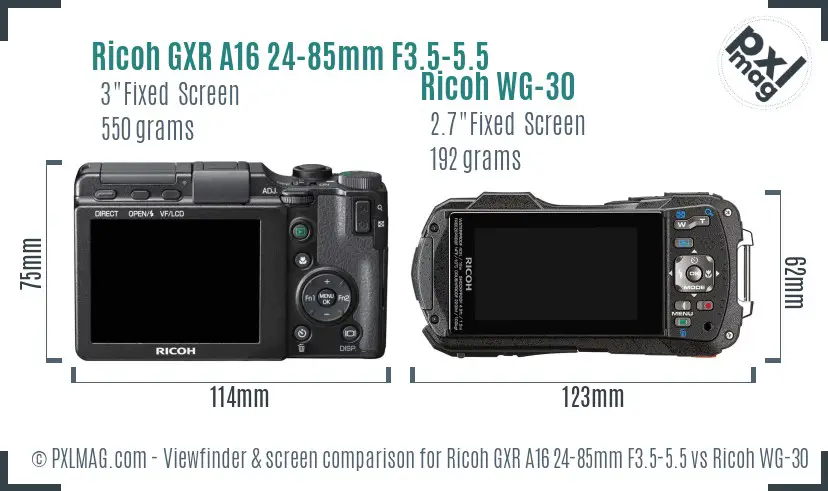Ricoh GXR A16 24-85mm F3.5-5.5 vs Ricoh WG-30 Screen and Viewfinder comparison