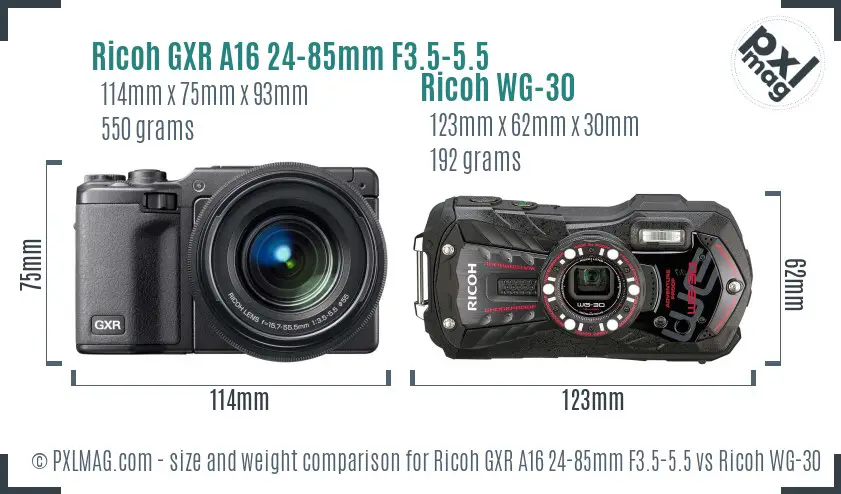 Ricoh GXR A16 24-85mm F3.5-5.5 vs Ricoh WG-30 size comparison