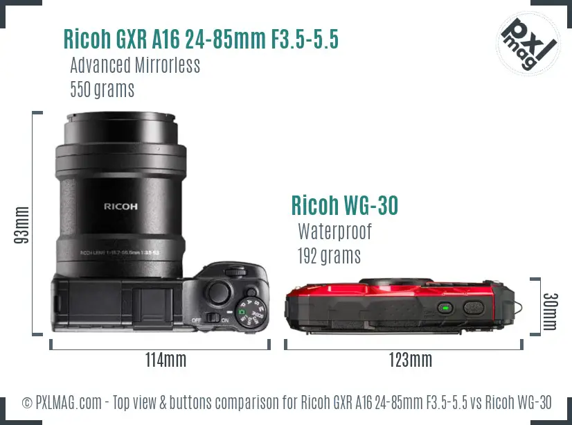 Ricoh GXR A16 24-85mm F3.5-5.5 vs Ricoh WG-30 top view buttons comparison