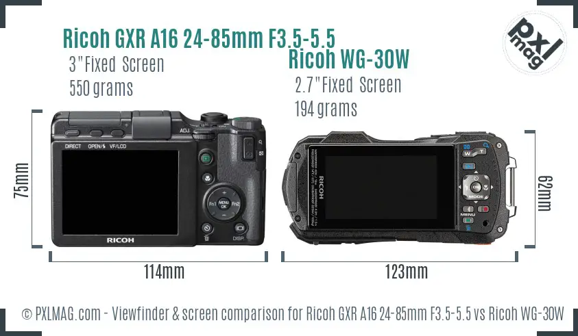 Ricoh GXR A16 24-85mm F3.5-5.5 vs Ricoh WG-30W Screen and Viewfinder comparison