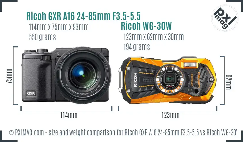 Ricoh GXR A16 24-85mm F3.5-5.5 vs Ricoh WG-30W size comparison
