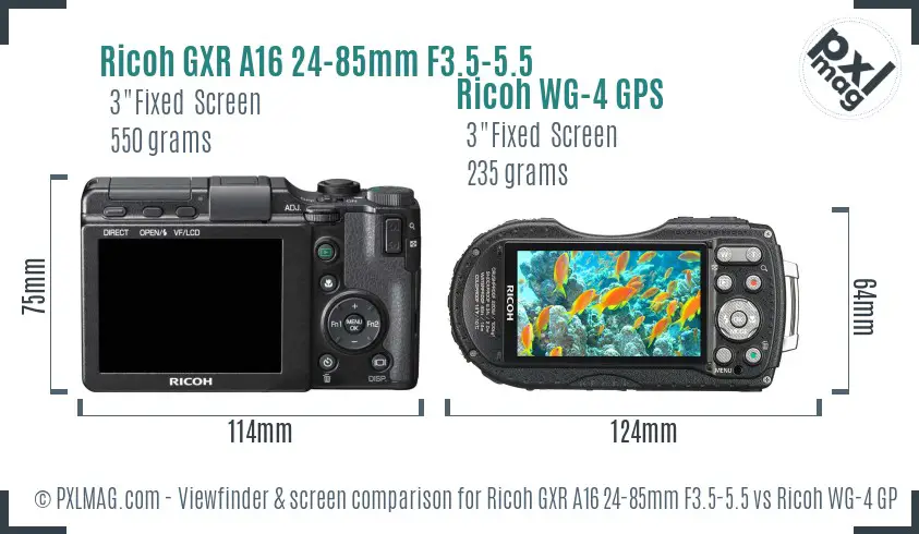 Ricoh GXR A16 24-85mm F3.5-5.5 vs Ricoh WG-4 GPS Screen and Viewfinder comparison