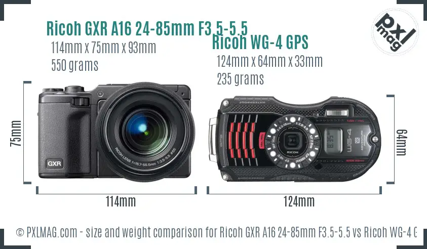 Ricoh GXR A16 24-85mm F3.5-5.5 vs Ricoh WG-4 GPS size comparison